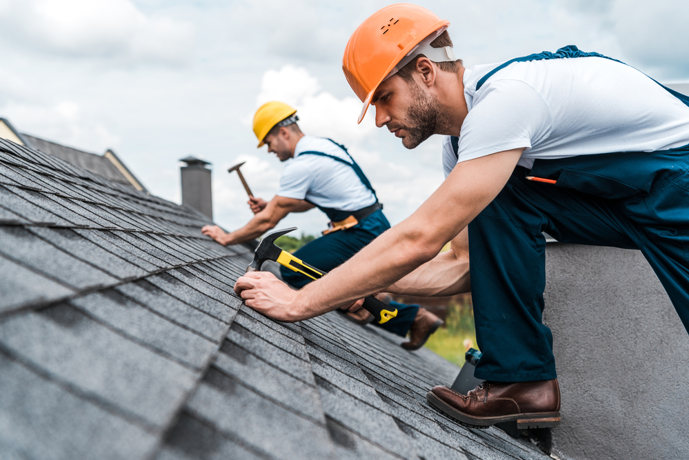 Asphalt Shingle Roofing - two roofing contractors working on asphalt shingle roof